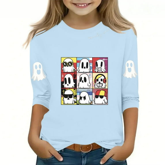 SERTG Children Halloween Print Shirt 3/4 Long Sleeve Round Neck Loose Fitted Casual Playful Top for Boys and Girls 3-12 Years(Light Blue,9-10 Years)