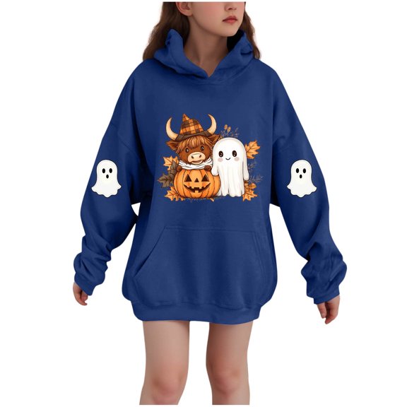SERTG Children Halloween Printed Hooded Tops Long Sleeved Sweatshirt with Pockets Fleece Top Hooded Sweatshirt for Girls 3-14 Years(Blue,7-8 Years)