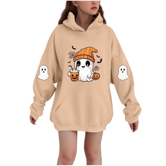 SERTG Children Halloween Printed Hooded Tops Long Sleeved Sweatshirt with Pockets Fleece Top Hooded Sweatshirt for Girls 3-14 Years(Khaki,3-4 Years)