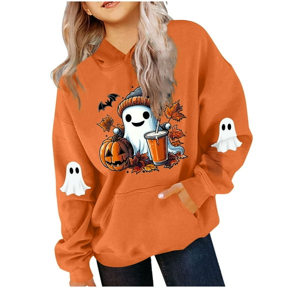 SERTG Children Halloween Printed Hooded Tops Long Sleeved Sweatshirt with Pockets Fleece Top Hooded Sweatshirt for Girls 3-14 Years(Orange,3-4 Years)