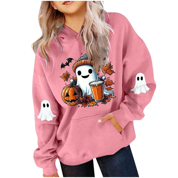 SERTG Children Halloween Printed Hooded Tops Long Sleeved Sweatshirt with Pockets Fleece Top Hooded Sweatshirt for Girls 3-14 Years(Pink,3-4 Years)