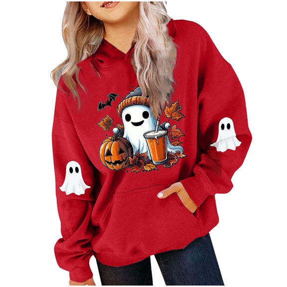 SERTG Children Halloween Printed Hooded Tops Long Sleeved Sweatshirt with Pockets Fleece Top Hooded Sweatshirt for Girls 3-14 Years(Red,3-4 Years)