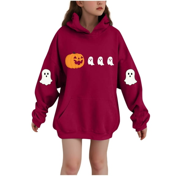 SERTG Children Halloween Printed Hooded Tops Long Sleeved Sweatshirt with Pockets Fleece Top Hooded Sweatshirt for Girls 3-14 Years(Red,3-4 Years)