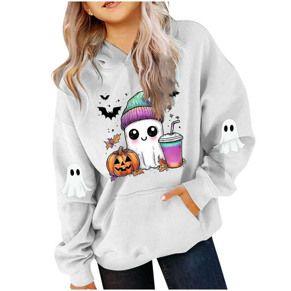 SERTG Children Halloween Printed Hooded Tops Long Sleeved Sweatshirt with Pockets Fleece Top Hooded Sweatshirt for Girls 3-14 Years(White,5-6 Years)