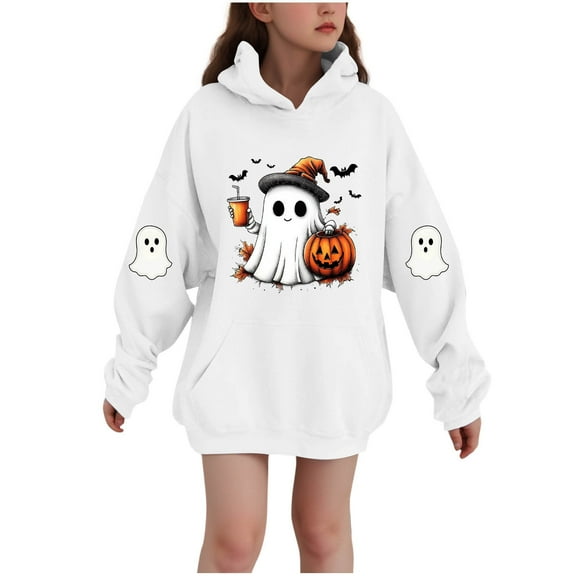 SERTG Children Halloween Printed Hooded Tops Long Sleeved Sweatshirt with Pockets Fleece Top Hooded Sweatshirt for Girls 3-14 Years(White,5-6 Years)