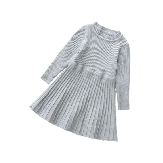 SERTG Children Knit Sweater Dress Solid Color Long Sleeve Round Neck Princess Cute Comfortable Casual Fall Winter Skirt for Kids 3-9 Years(Gray,9 Years)