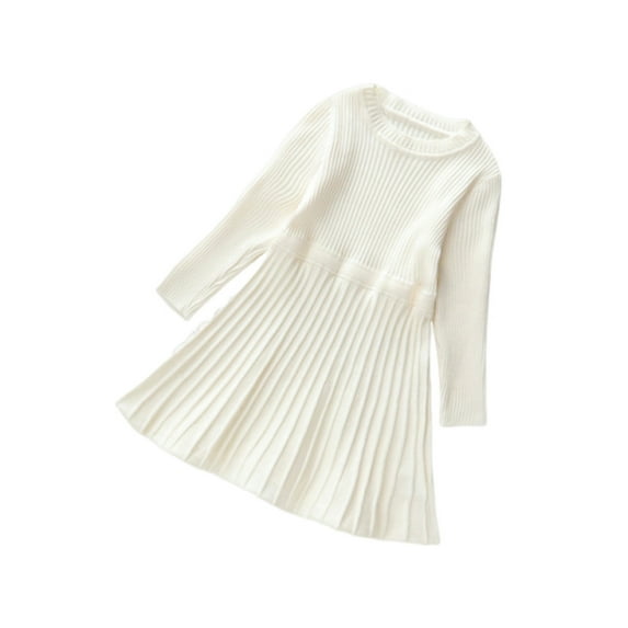 SERTG Children Knit Sweater Dress Solid Color Long Sleeve Round Neck Princess Cute Comfortable Casual Fall Winter Skirt for Kids 3-9 Years(White,4 Years)