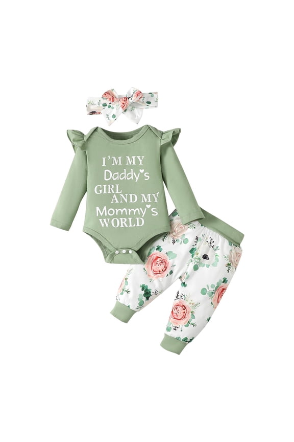 Children Long Sleeve Romper Set Floral Print Long Sleeve Top with Pants and Headband Fall Winter Sweet Outfit for Infants 1-18 Months(Green,6-9 Months)
