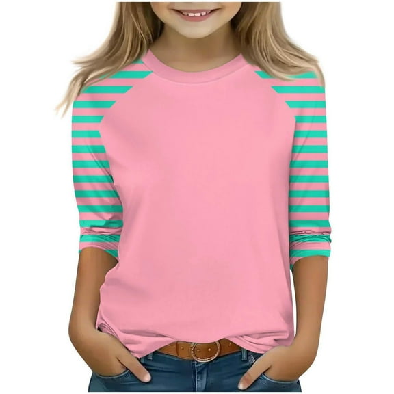 SERTG Children Round Neck 3/4 Raglan Sleeve Shirts Spring Fall Casual Fashion Blouse with Plaid Printing for Kids 4-15 Years(Hot Pink#1,4 Years)