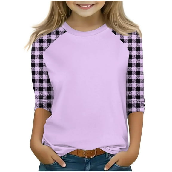 SERTG Children Round Neck 3/4 Raglan Sleeve Shirts Spring Fall Casual Fashion Blouse with Plaid Printing for Kids 4-15 Years(Purple,5 Years)