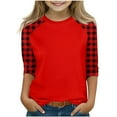 thumbnail image 1 of SERTG Children Round Neck 3/4 Raglan Sleeve Shirts Spring Fall Casual Fashion Blouse with Plaid Printing for Kids 4-15 Years(Red,7 Years), 1 of 7