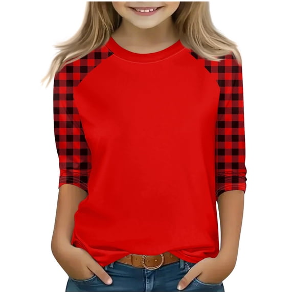 SERTG Children Round Neck 3/4 Raglan Sleeve Shirts Spring Fall Casual Fashion Blouse with Plaid Printing for Kids 4-15 Years(Red,7 Years)