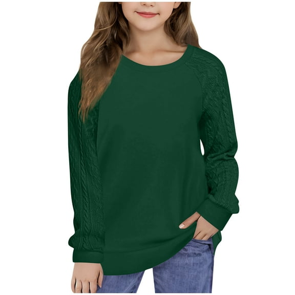 SERTG Children Solid Color Casual Floral Knit Long Sleeves Round Neck Shirts Spring Fall Fashion Tops for Kids 4-12 Years(Green,4 Years)