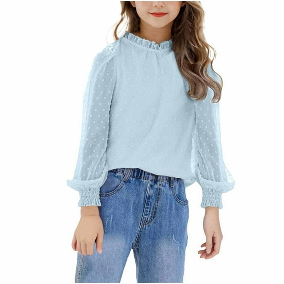 SERTG Children Solid Color Chiffon Fashion Shirts Long Sleeves Tops Spring Fall Spliced Imitation Blouse for Kids 4-13 Years(Blue#1,9 Years)