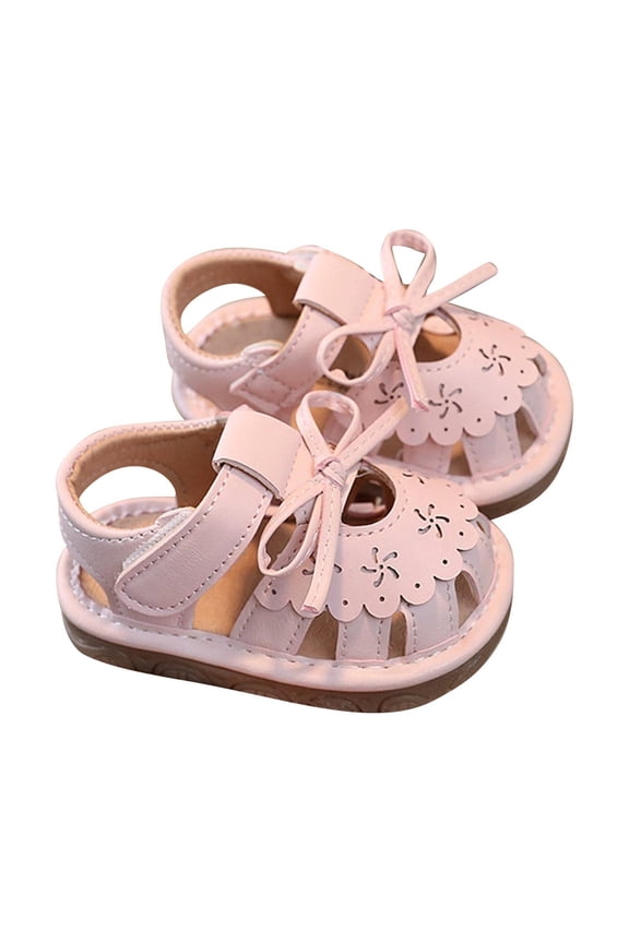 Children Solid Color Cut Out Squeaker Sandals Hook and Loop Closure Breathable Soft Sole Non-Slip Outdoor Shoes for Daily Use(Pink,9-12 Months)
