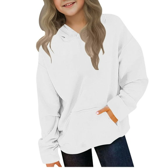 SERTG Children Solid Color Hooded Sweatshirt Fall Winter Long Sleeves Fashion Casual Crewneck Pullover for Kids 5-15 Years(White#1,5 Years)