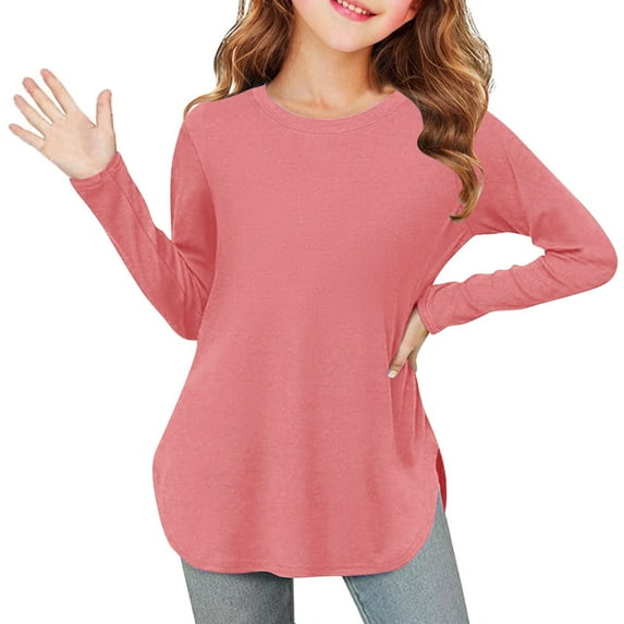 SERTG Children Solid Color Leisure Round Neck Shirts Spring Fall Hem Side Slit Soft Tunic Tops Long Sleeves Blouse for Kids 3-12 Years (Pink,9 Years)
