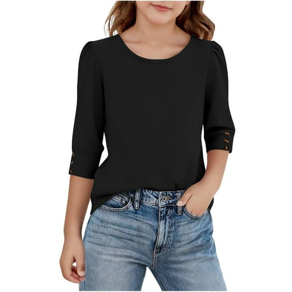 SERTG Children Solid Color Round Neck 3/4 Sleeve Tops Spring Fall Casual Outerwear Base Shirt with Cuff Buckles for Kids 5-15 Years(Black,11 Years)