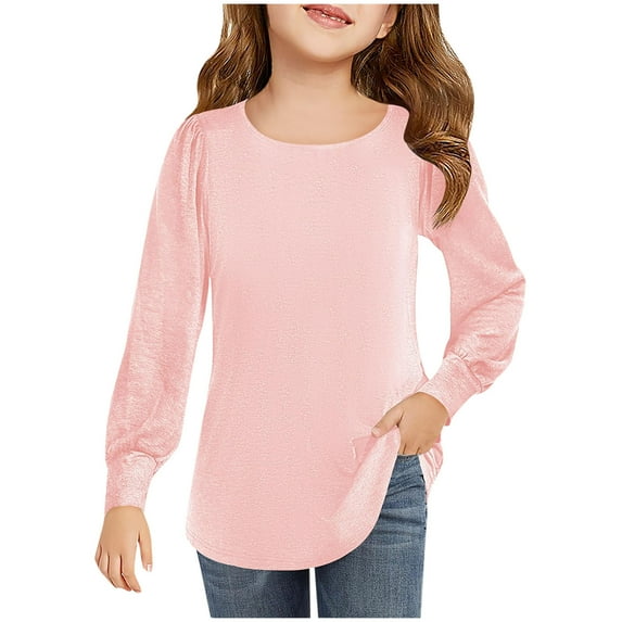 SERTG Children Tight Sleeves Tops Solid Color Casual Round Neck Shirts Spring Fall Bottoming Blouse for Kids 4-13 Years(Pink,4 Years)