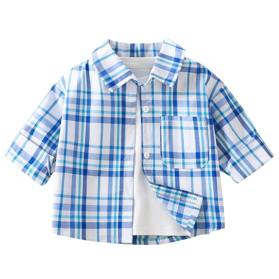 SERTG Children's Button Down Plaid Shirt – Short Sleeve Casual Tops with Classic Collar Child Child Spring Autumn Fashion Blouse(Light Blue#2,5-6 Years)
