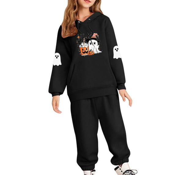 SERTG Children's Halloween Two-Piece Set Hooded Sweatshirt with Cute Printed +Casual Long Pants Long Sleeved Set Tops and Pants for Kids 2-13 Years(Black,3 Years)
