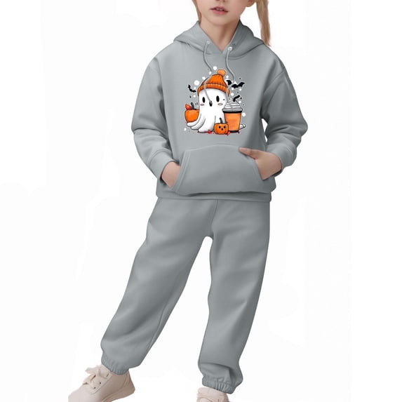 SERTG Children's Halloween Two-Piece Set Hooded Sweatshirt with Cute Printed +Casual Long Pants Long Sleeved Set Tops and Pants for Kids 2-13 Years(Gray,4 Years)