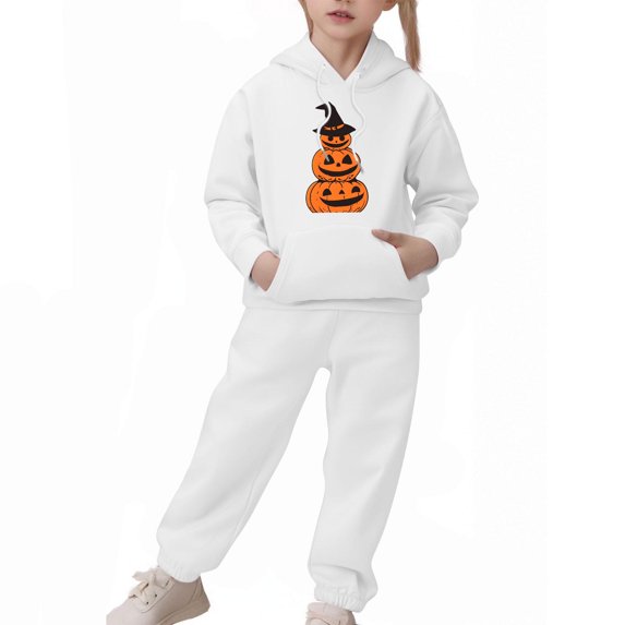 SERTG Children's Halloween Two-Piece Set Hooded Sweatshirt with Cute Printed +Casual Long Pants Long Sleeved Set Tops and Pants for Kids 2-13 Years(White,12 Years)