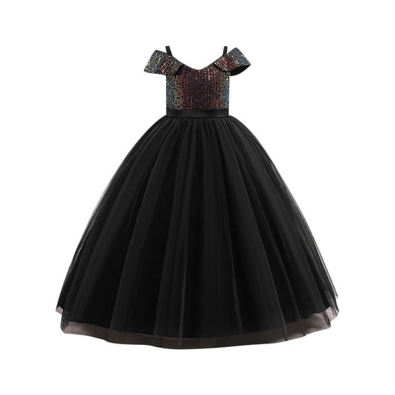 SERTG Children's Short Sleeved Camisole Dress Halloween Role-playing Sequin Mesh Dress Short Sleeved Round Neck Dress for Girls 5-14Years(Black,7 Years)