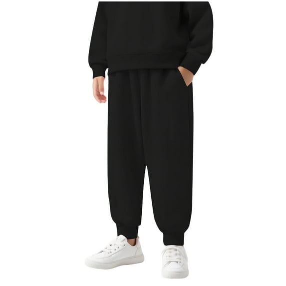 SERTG Children's Solid Color Pants Soft Elastic Waistband Sports Pants with Pockets Warm Sweatpants Long Pants for Kids 2-13 Years(Black#1,12 Years)