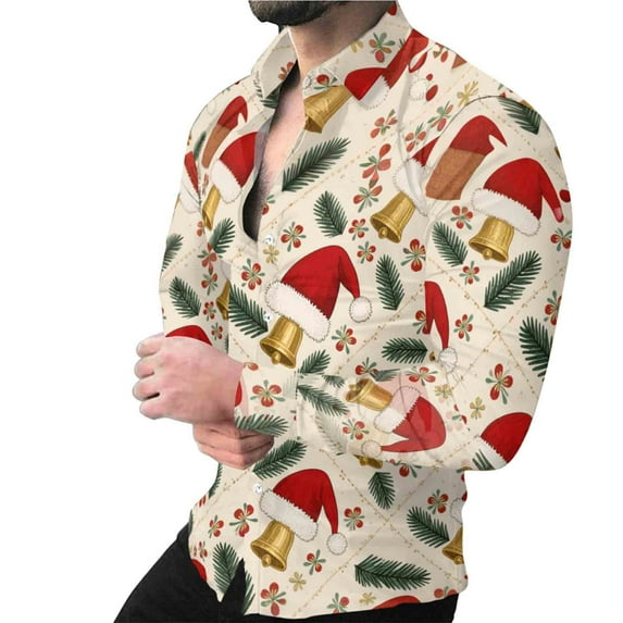 SERTG Christmas Shirt Men Long Sleeve Button Shirt Men Casual Beach Shirts Men Party Blouse Cute Christmas Print Pullover(Multicolor,3XL)