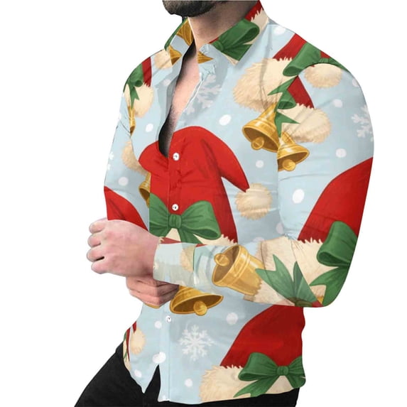 SERTG Christmas Shirt Men Long Sleeve Button Shirt Men Casual Beach Shirts Men Party Blouse Cute Christmas Print Pullover(Multicolor,L)