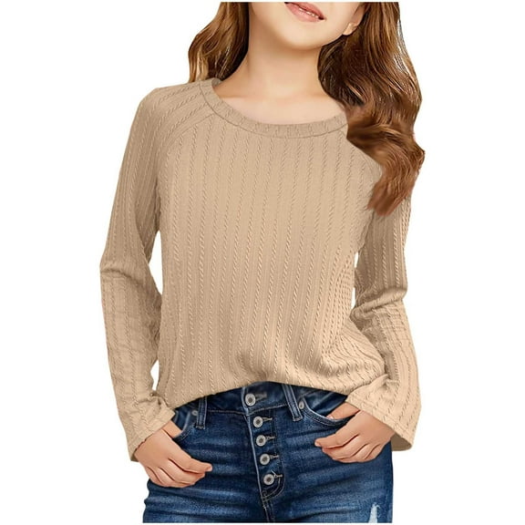SERTG Girl Solid Color Pullover Blouse Fashion Casual Comfortable Round Neck Long Sleeve Everyday Tops for Kids(Khaki#1,8-9 Years)
