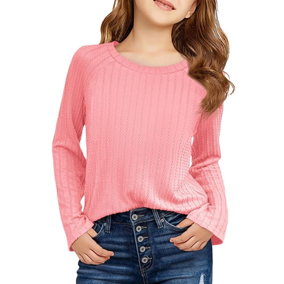 SERTG Girl Solid Color Pullover Blouse Fashion Casual Comfortable Round Neck Long Sleeve Everyday Tops for Kids(Pink,3-4 Years)