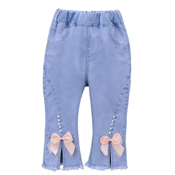 SERTG Girls 3/4 Long Print Flared Pants Elastic Waist Jeans with Bow Kids Spring Summer Casual Everyday Outdoor Slim Trousers(Light Blue,5-6 Years)