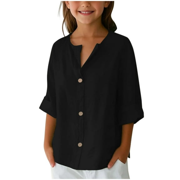 SERTG Girls 3/4 Long Sleeve Shirt Linen Button Down Fall Winter V-Neck Trendy Solid Color Loose Casual Tops for Children 5-14 Years(Black,5 Years)