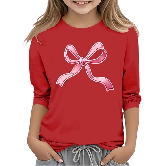SERTG Girls 3/4 Long Sleeve Shirt Tops Cute Bow Print Casual Spring Summer Round Neck Blouse Kids Everyday Wear T-Shirt(Red,4 Years)