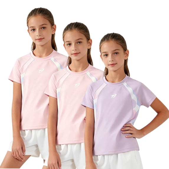 SERTG Girls Athletic T Shirt 3 Pack Quick Dry Short Sleeve Color Block Workout Tee Stretchy Nylon Spandex Active Top For Kids School And Sports Wear