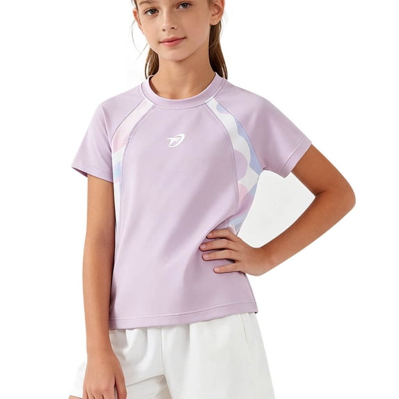 SERTG Girls Athletic T Shirt Quick Dry Short Sleeve Color Block Workout Tee Stretchy Nylon Spandex Active Top For Kids School And Sports Wear