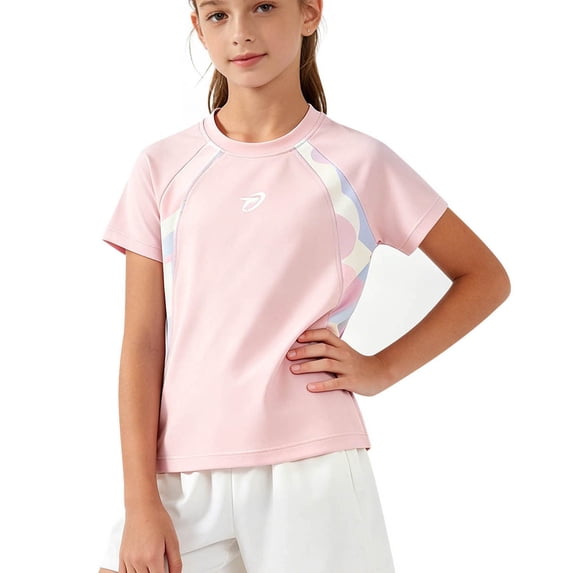 SERTG Girls Athletic T Shirt Quick Dry Short Sleeve Color Block Workout Tee Stretchy Nylon Spandex Active Top For Kids School And Sports Wear