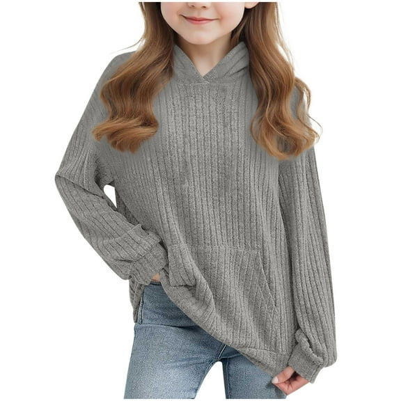 SERTG Girls Big Kids Solid Color Ribbed Hooded Sweatshirt Long Sleeve with Pocket Spring Fall Casual Pullover Top for Children(Gray,4-5 Years)