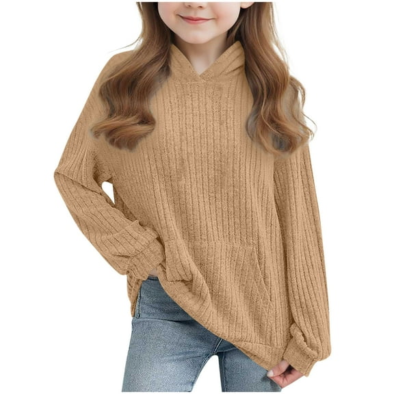 SERTG Girls Big Kids Solid Color Ribbed Hooded Sweatshirt Long Sleeve with Pocket Spring Fall Casual Pullover Top for Children(Khaki,5-6 Years)