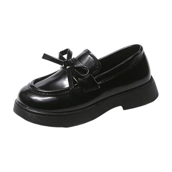 SERTG Girls Bow Slip On Loafers Kids British Style Dress Shoes Front Solid Bow Ornament Round Toe Non Slip Platform Sole School Daily Stage Casual Wear Flats(8-8.5 Years)