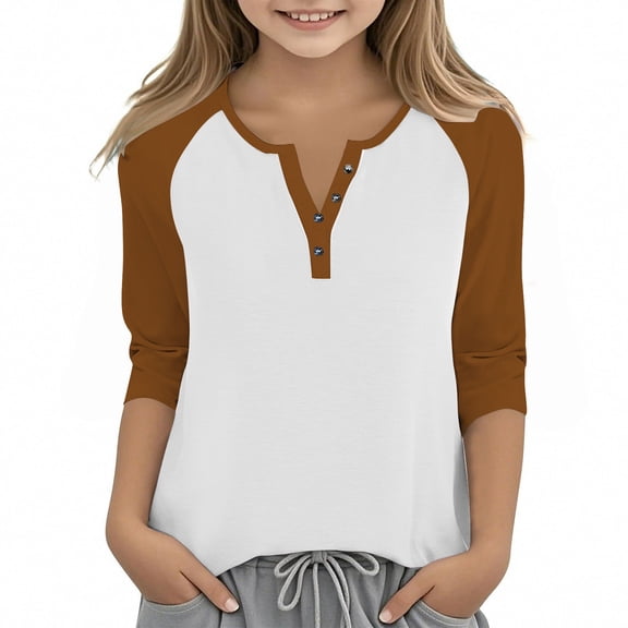 SERTG Girls Color Block Casual Top with Button V-Neck 3/4 Sleeve Spring Summer Fashion Blouse Everyday Wear for Kids(Coffee#2,5 Years)