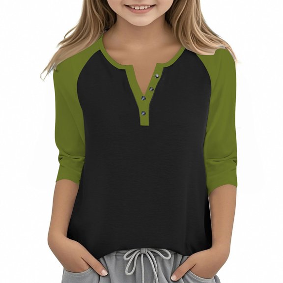 SERTG Girls Color Block Casual Top with Button V-Neck 3/4 Sleeve Spring Summer Fashion Blouse Everyday Wear for Kids(Green#1,13 Years)