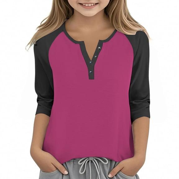 SERTG Girls Color Block Casual Top with Button V-Neck 3/4 Sleeve Spring Summer Fashion Blouse Everyday Wear for Kids(Hot Pink#2,13 Years)