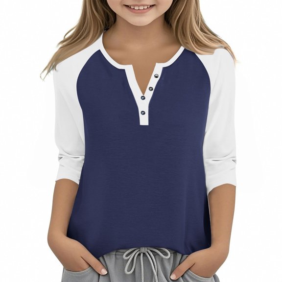 SERTG Girls Color Block Casual Top with Button V-Neck 3/4 Sleeve Spring Summer Fashion Blouse Everyday Wear for Kids(Navy,3 Years)