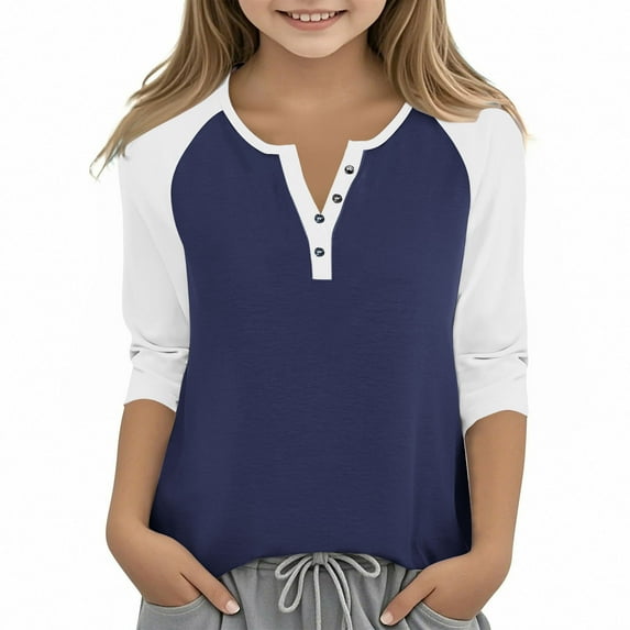 SERTG Girls Color Block Casual Top with Button V-Neck 3/4 Sleeve Spring Summer Fashion Blouse Everyday Wear for Kids(Navy,5 Years)