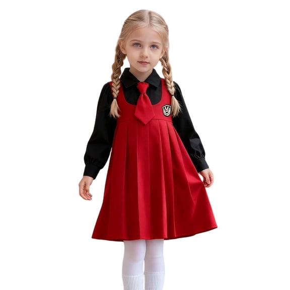 SERTG Girls Dress Set Lapel Pleated Skirt with Detachable Tie School Outfit Kids Spring Summer Everyday Dress(Red,5-6 Years)