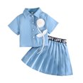 thumbnail image 1 of SERTG Girls Dress Set Spring Summer Short Sleeve Shirts and Pleated Skirt Set Casual School Style Two-Piece Outfit for Kids(Blue,2 Years), 1 of 9