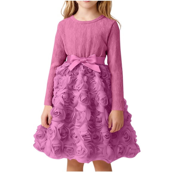 SERTG Girls Dress Solid Color Long Sleeve Round Neck Dress with Bow Belt Casual Fashion Soft Everyday Comfortable Skirt for Kids(Watermelon Red,5-6 Years)